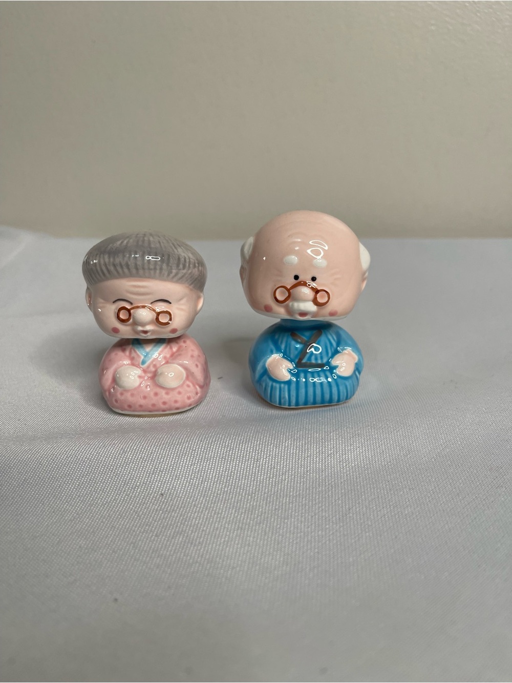 Cosmos Japan Ceramic Elderly Couple Figurines Set of 2, Hand Painted 2.25in